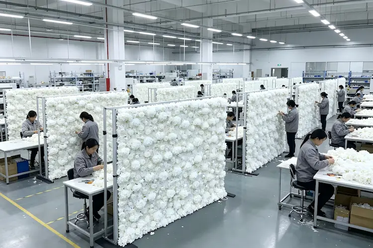white floral backdrop factory production line