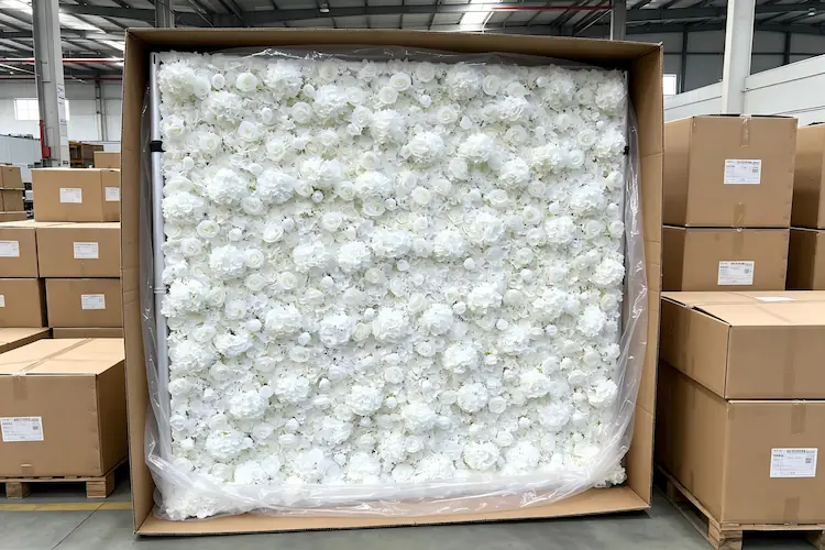 white floral backdrop packaging in carton for shipping