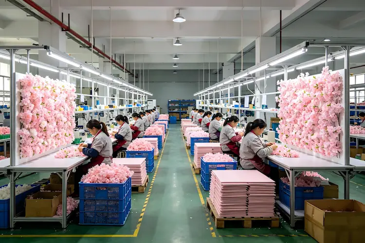 sakura pink flower wall factory production line