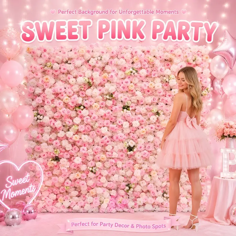 Pink White Gradient Flower Wall – Romantic Rose Wedding Backdrop