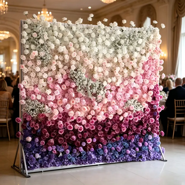 foldable flower wall with stand pink purple gradient wedding backdrop