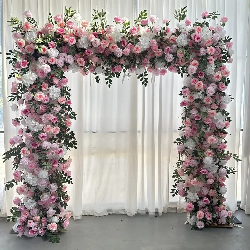 Pink & White Flower Arch – Romantic Rose Hydrangea Floral Arch with Metal Stand for Wedding Ceremony