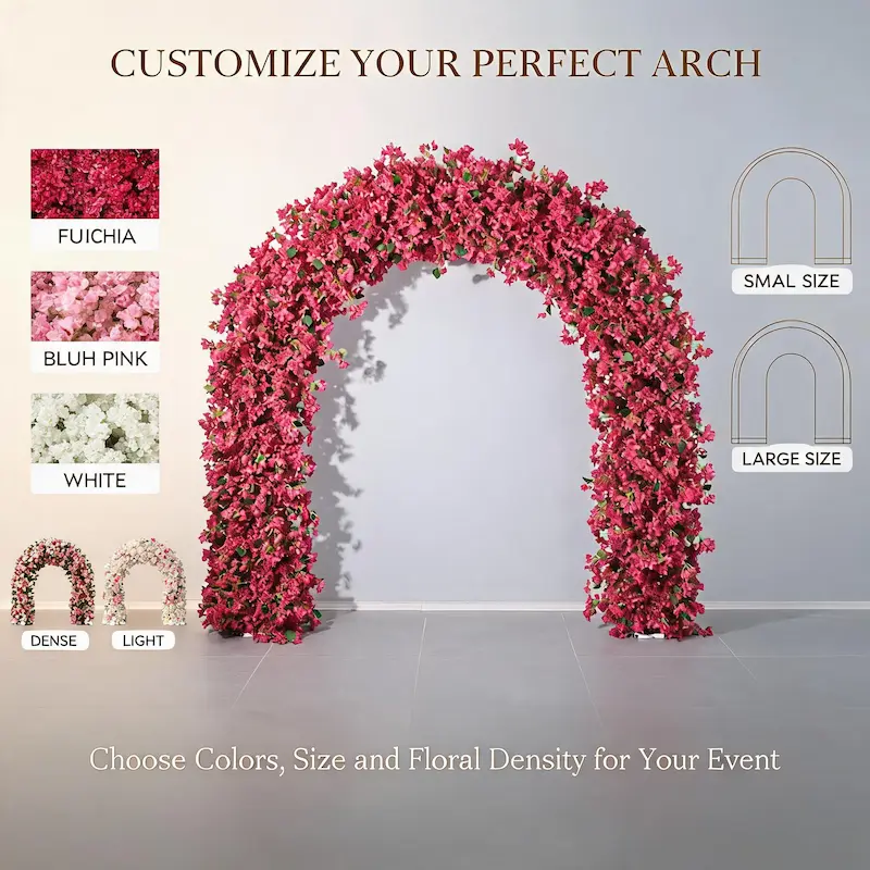 Burgundy Bougainvillea Flower Arch – Dense Floral Arch with Green Leaves for Wedding Ceremony