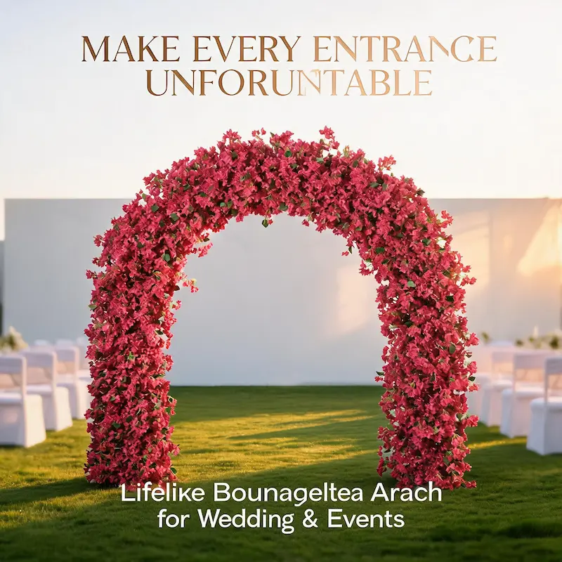 Burgundy Bougainvillea Flower Arch – Dense Floral Arch with Green Leaves for Wedding Ceremony