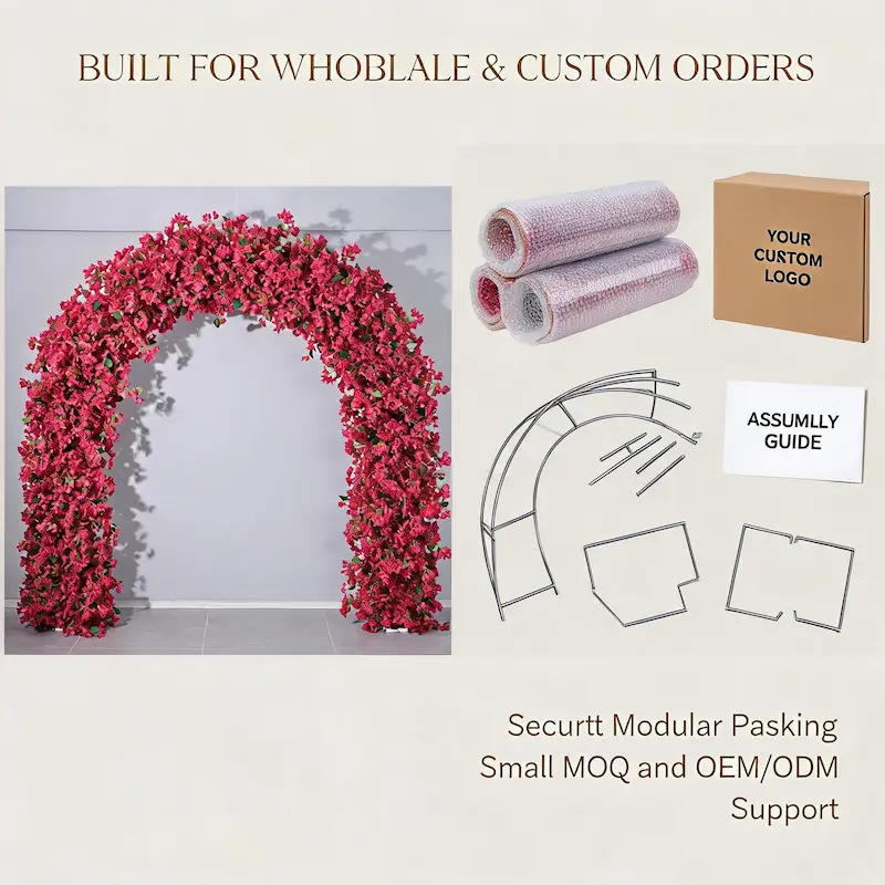 Burgundy Bougainvillea Flower Arch – Dense Floral Arch with Green Leaves for Wedding Ceremony