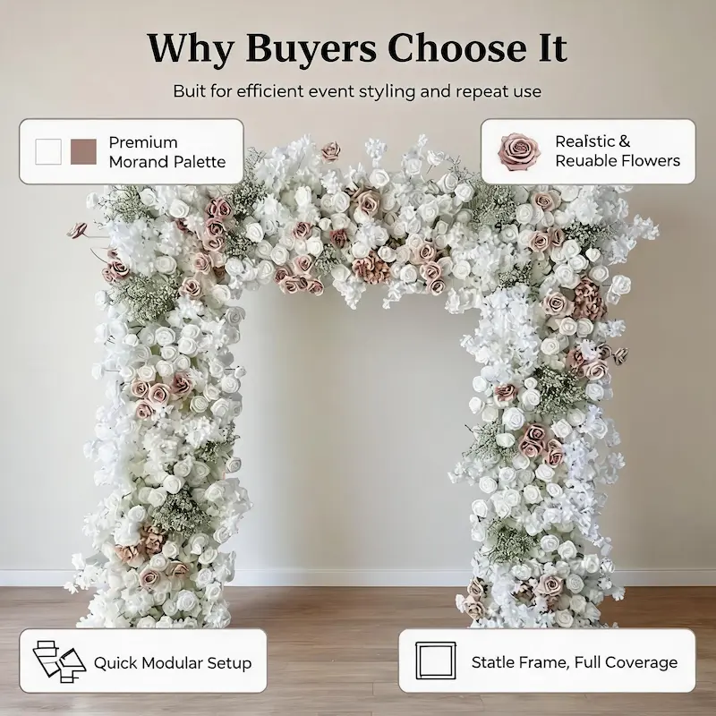 White & Dusty Rose Flower Arch – Elegant Floral Arch with Gypsophila for Wedding Ceremony