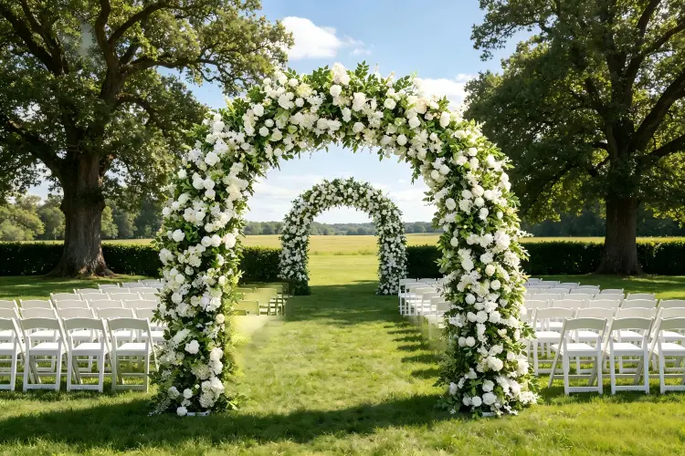 lush greenery flower arch outdoor garden wedding ceremony