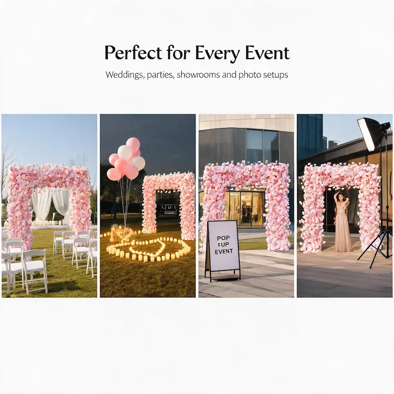 8ft Pink Rose Flower Arch – Dense Blush Pink Floral Arch with Metal Stand for Wedding