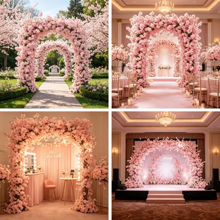 Pink Cherry Blossom Arch in Multiple Romantic Settings Garden Ceremony Ballroom Photo Booth
