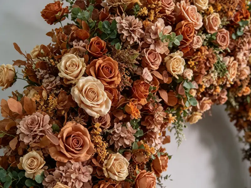 Close-up Detail of Rust Orange Terracotta Blush Champagne Roses and Eucalyptus on Outdoor Flower Arch