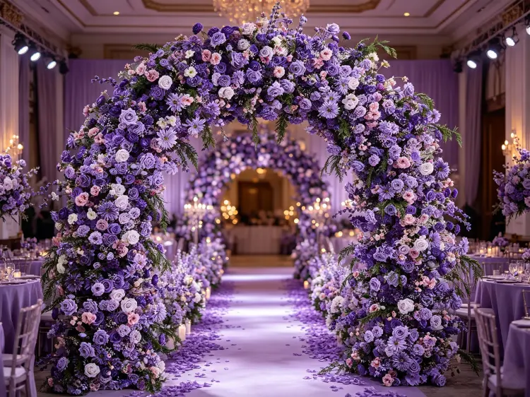 8ft Purple Flower Arch at Romantic Wedding Ceremony with Lavender Roses and Dense Full Coverage
