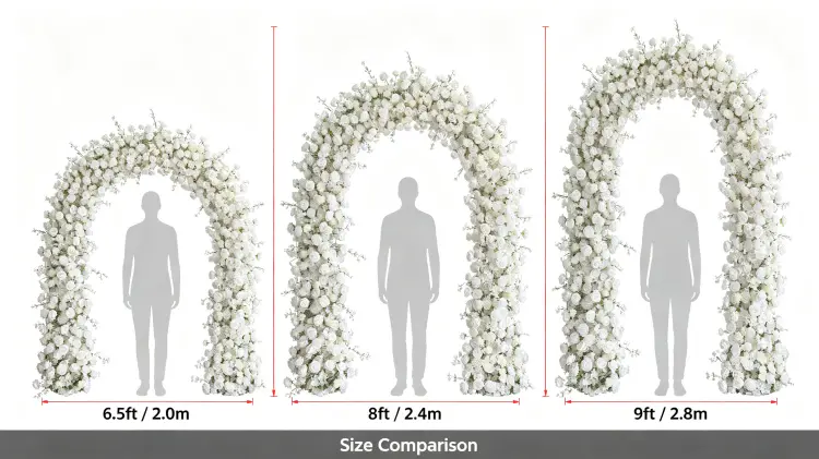 White Flower Arch Size Comparison 2.0m 2.4m 2.8m with Person
