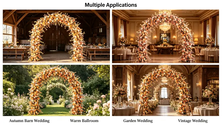 Rose Gold Flower Arch in Barn Ballroom Garden and Autumn Wedding Settings
