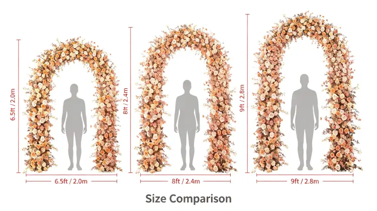 Rose Gold Flower Arch Size Comparison 2.0m 2.4m 2.8m with Person