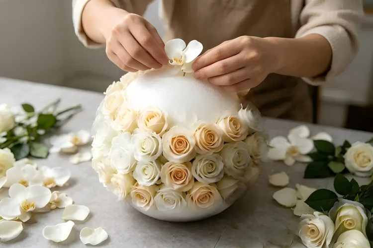 artisan handcrafting flower ball