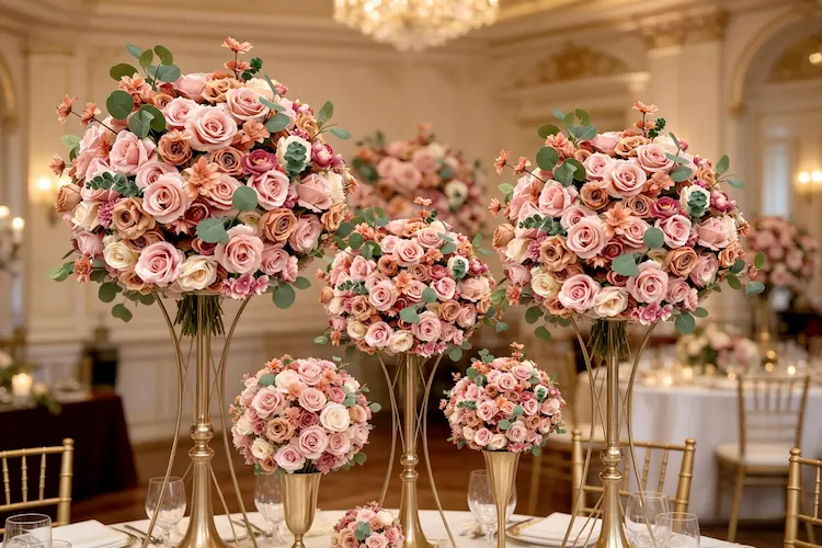 multiple silk flower balls floral arrangement display