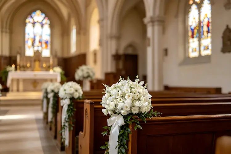 white rose flower ball church wedding ceremony decor