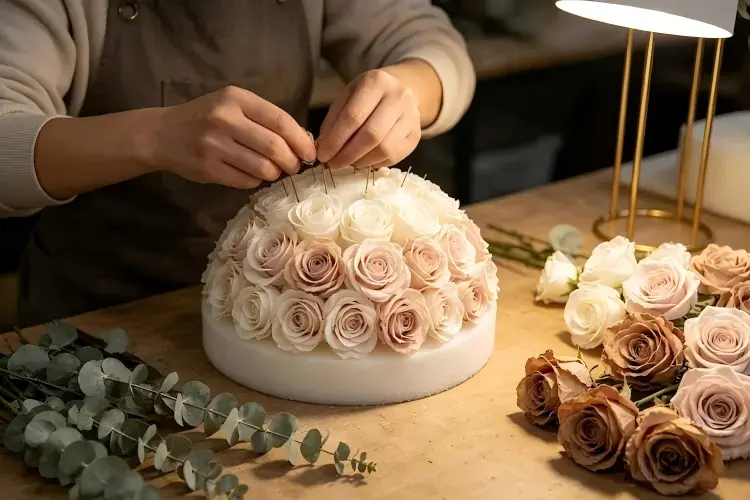artisan handcrafting wedding flower ball