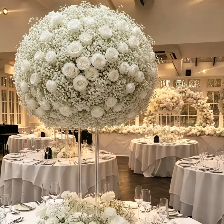 Extra Large White Artificial Flower Ball on Acrylic Stand for Luxury Wedding Banquet Centerpiece