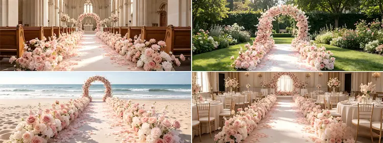 artificial flower runner multiple scenes church outdoor beach banquet