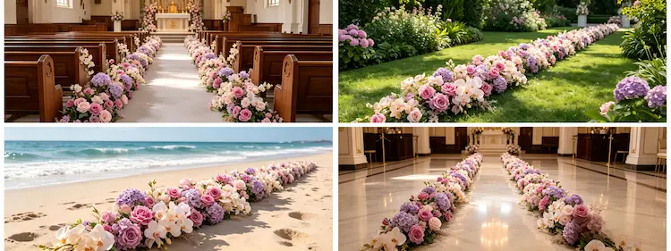 wedding flower runner multiple scenes church outdoor beach banquet
