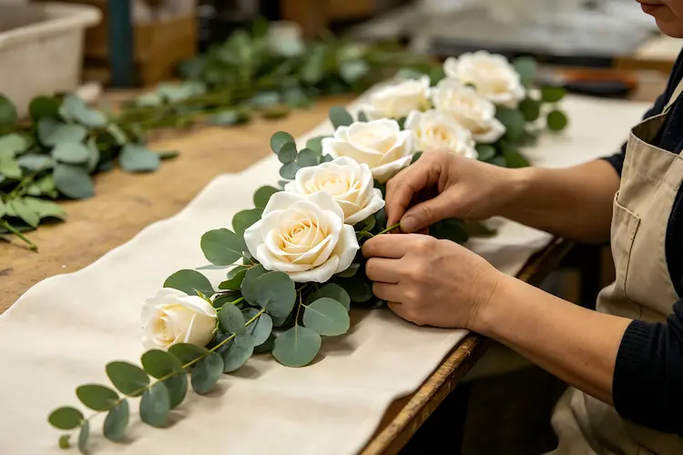 artisan handcrafting flower table runner