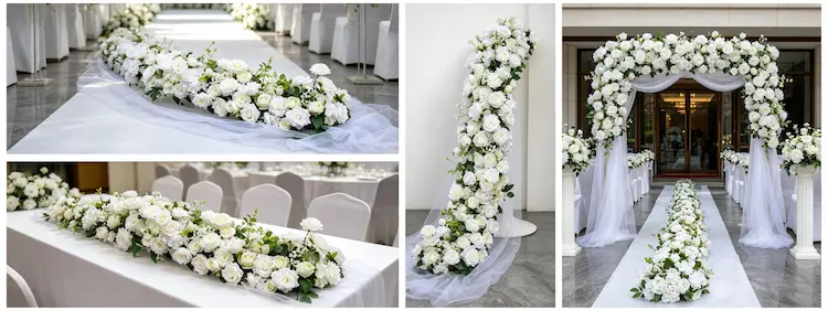 white flower runner multiple scenes wedding aisle arch table entry