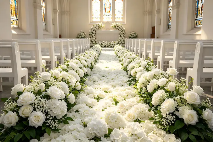 white flower runner on wedding aisle with roses and hydrangeas