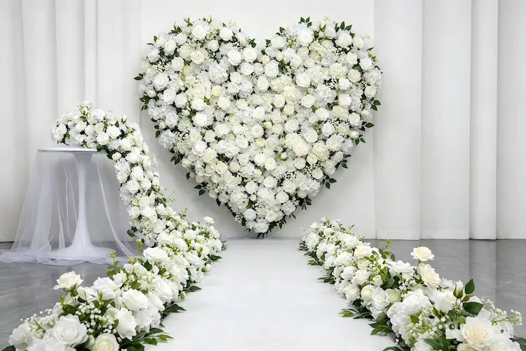 white flower runner with heart shaped flower wall wedding decor