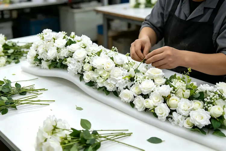 artisan handcrafting white flower runner