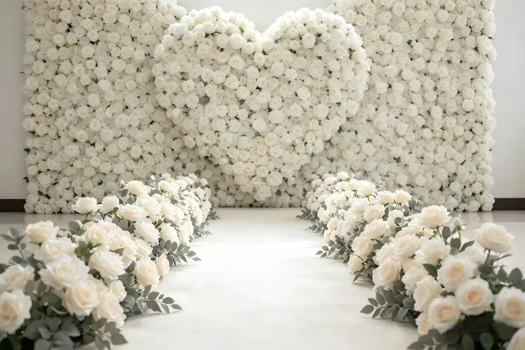 silk flower runner with heart shaped flower wall wedding decor