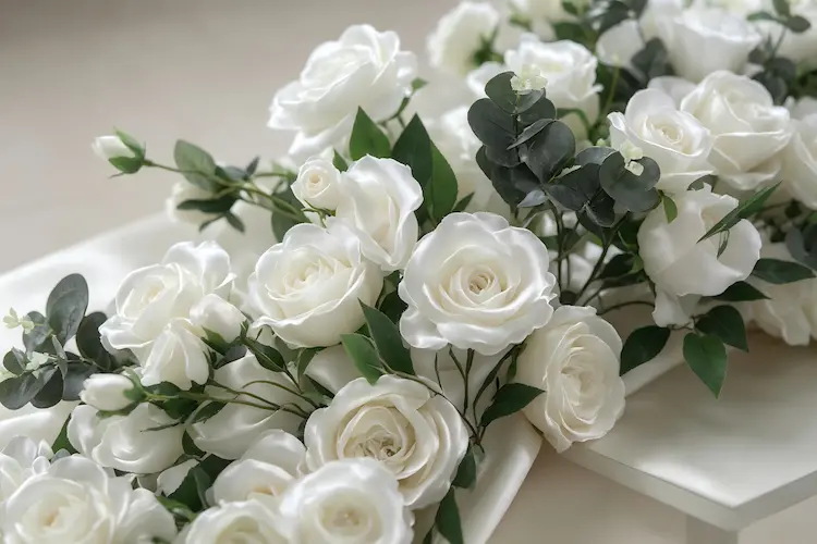 silk flower runner texture close up roses hydrangeas natural sheen