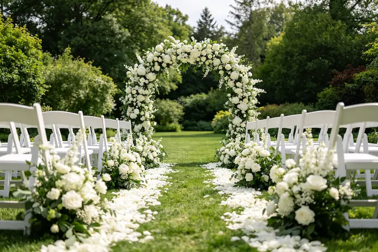 white-green-flower-runner-with-flower-arch-wedding-ceremony-set