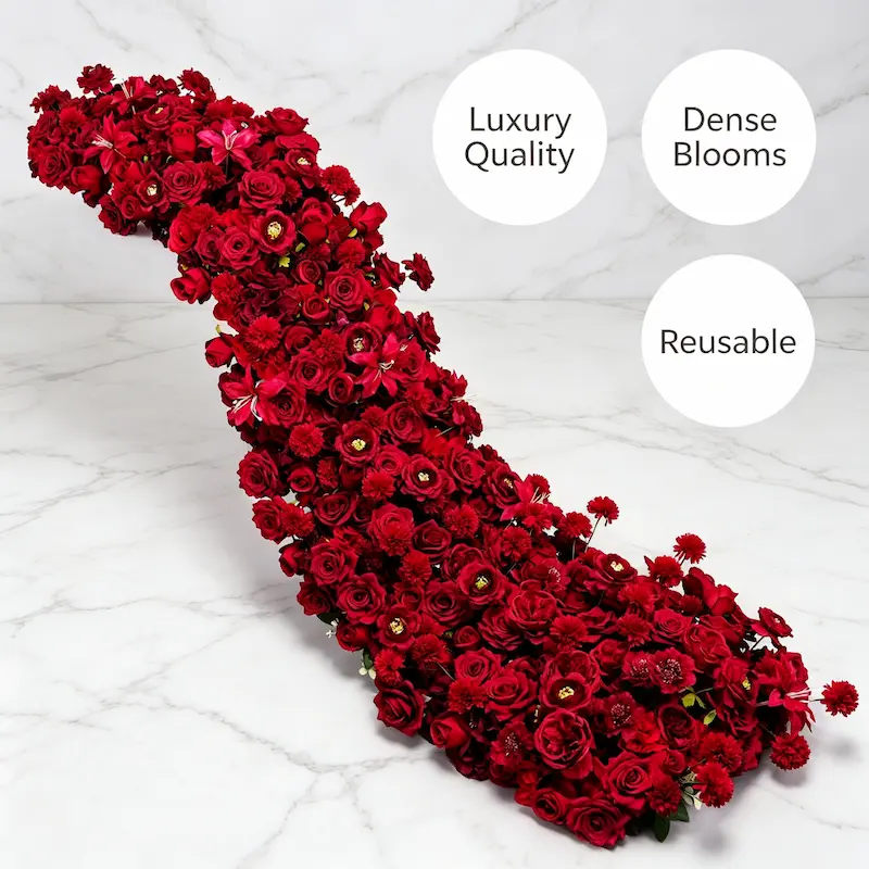 Burgundy Flower Runner – Artificial Burgundy Aisle Runner for Vintage Weddings & Luxury Events