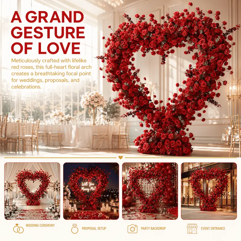 8ft Red Rose Heart Shaped Flower Arch for Wedding – Factory Direct