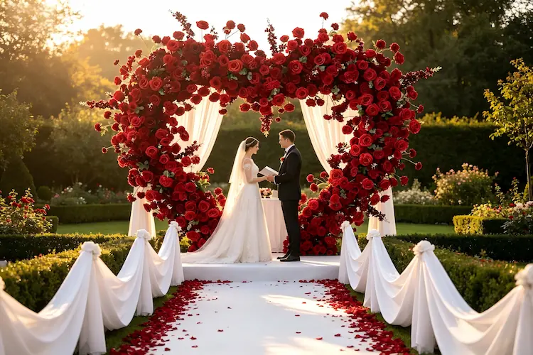 red rose heart shaped flower arch wedding ceremony altar