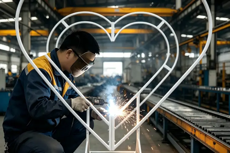 artisan handcrafting heart shaped metal arch flower panels