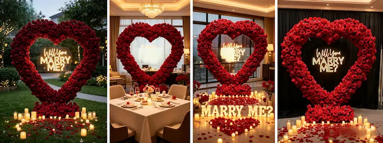 red heart arch with sign multiple scenes proposal hotel anniversary engagement