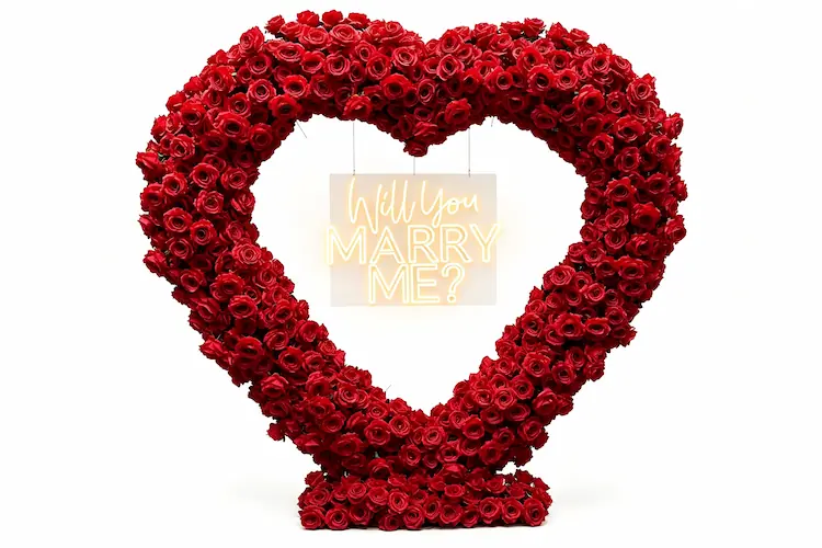 red heart arch with will you marry me sign front view complete set