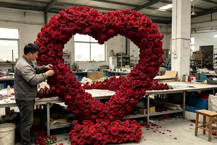 artisan handcrafting red heart arch proposal sign