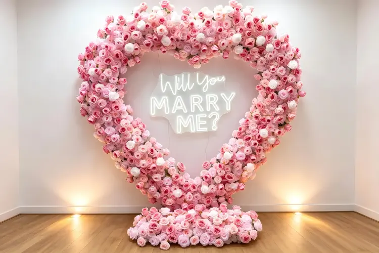pink heart flower arch proposal will you marry me neon sign