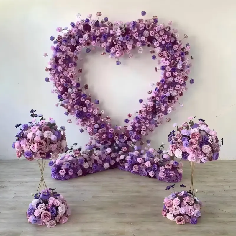 Purple Heart Floral Arch with Metal Stand – Handmade Dense Roses Elegant Wedding Proposal Backdrop