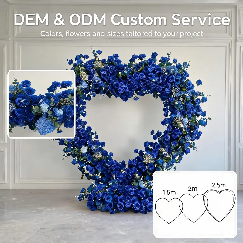 Royal Blue Heart Arch with Floral Base – Handmade Dense Roses Bold Wedding Photo Backdrop with Stand