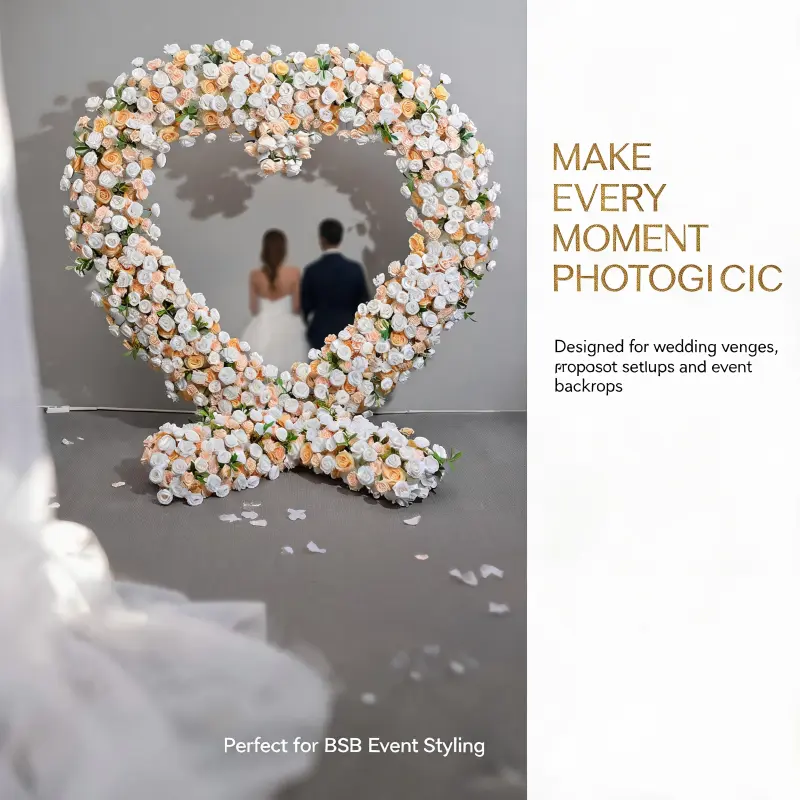 White & Champagne Heart Arch with Floral Base – Handmade Dense Roses Elegant Wedding Backdrop with Stand