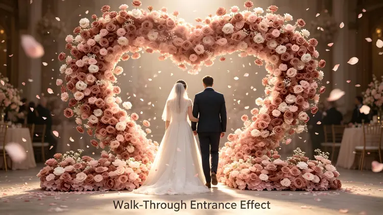 wedding couple walking through heart arch gate entrance