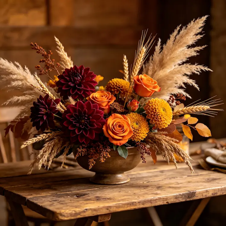 fall wedding flowers burgundy orange dahlias