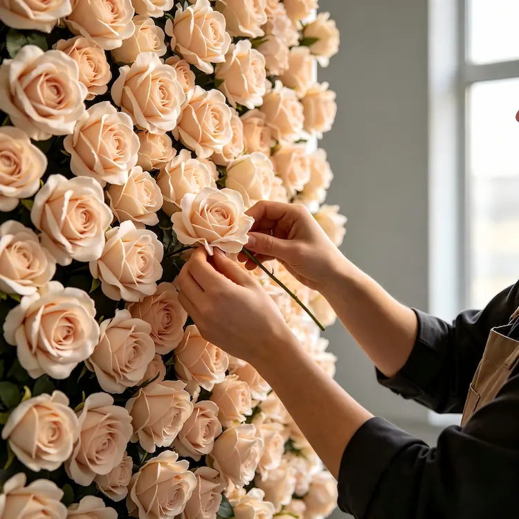 fluffing artificial flowers before wedding photos