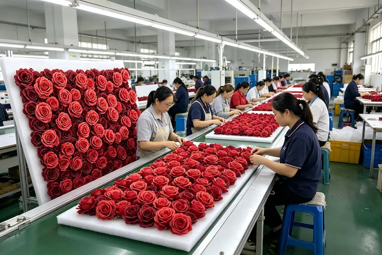 factory quality control line artificial flower wall inspection