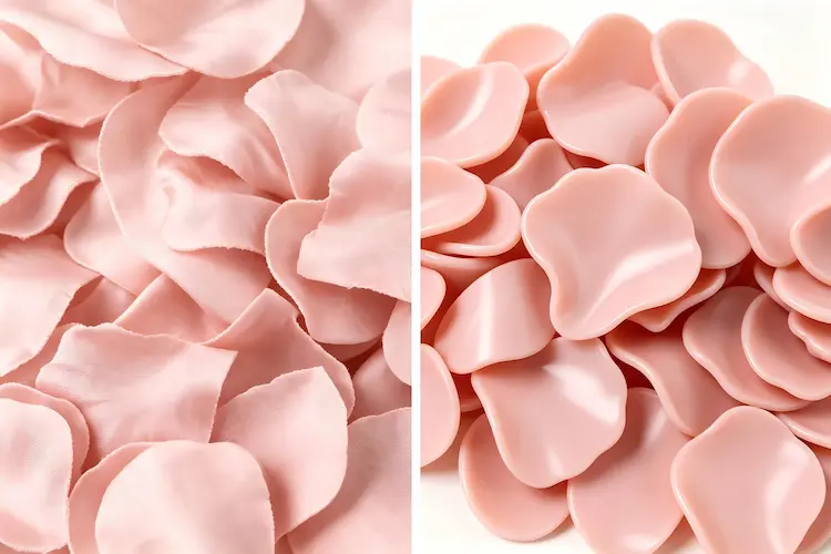 silk vs PE artificial flower petal material comparison close up
