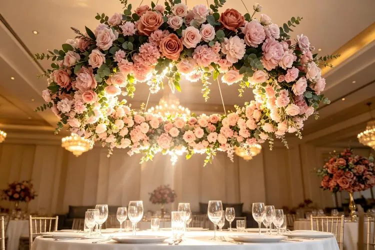 circular floral chandelier hanging above wedding reception table